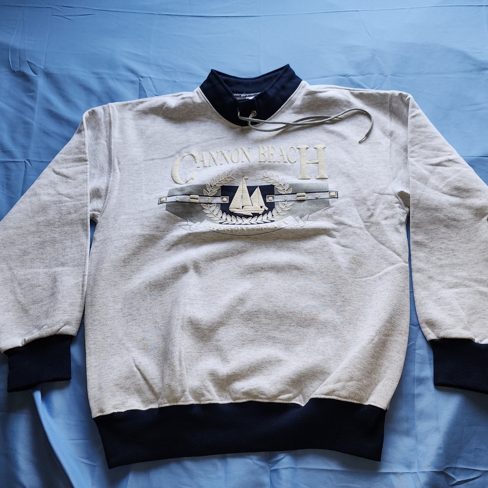 VTG COLLEGE HOUSE CANNON BEACH OREGON COAST PULLOVER FLEECE SWEATER GRAY SZ L